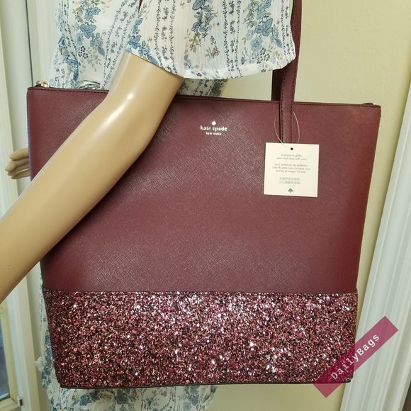 KATE SPADE PENNY GLITTER GRETA TOTE CHERRYWOOD - Picture 5 of 10